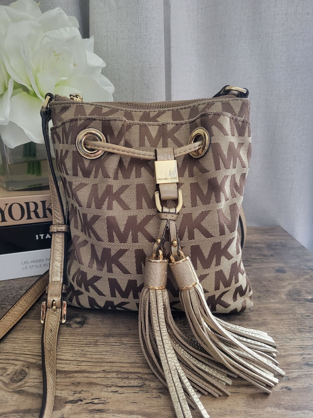 Michael Kors Camden Drawstring Signature Logo Crossbody with Tassels
